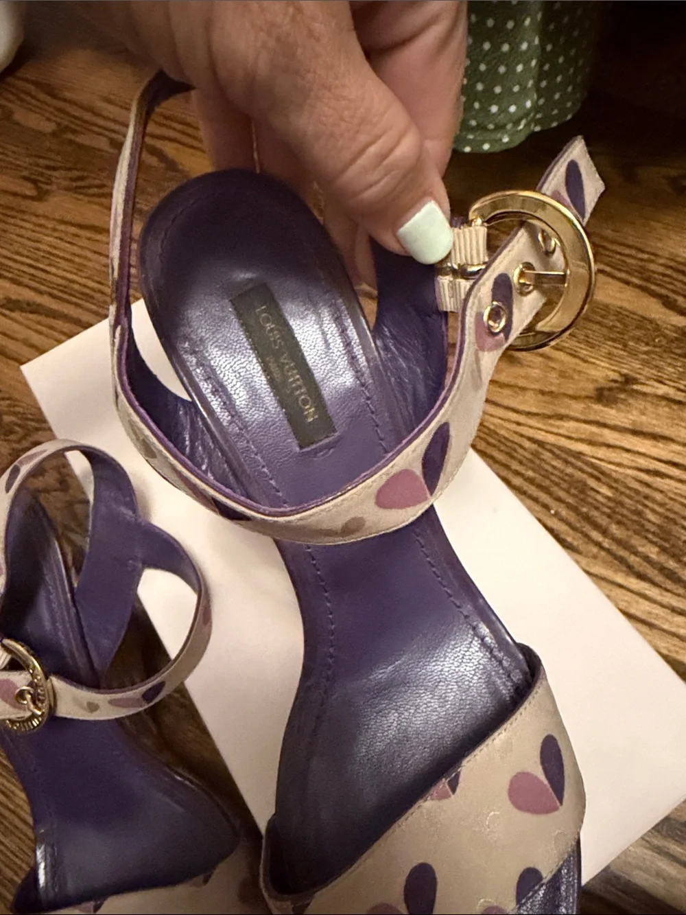 Louis Vuitton Purple and Cream Heart-Print Raffia Wedge Sandals